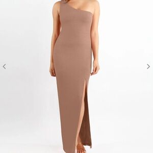 Elegant One-Shoulder Tan Dress
